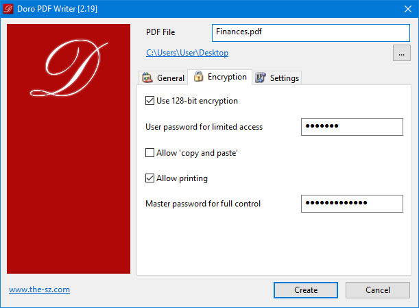 Encryption options of Doro PDF Writer